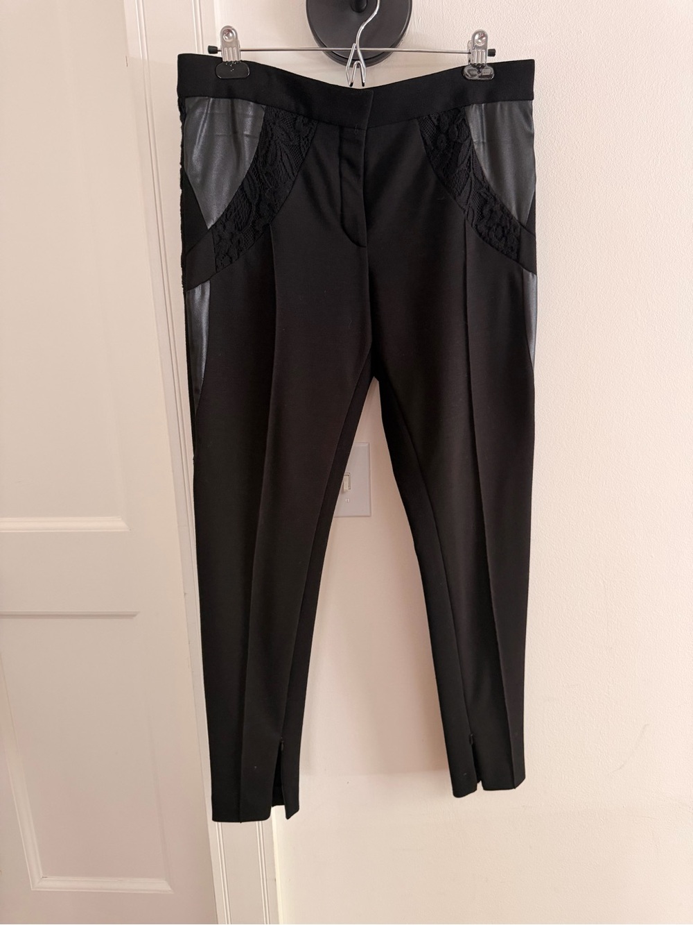 Nina Ricci Black Slim Pants with Faux Leather & Lace Panels